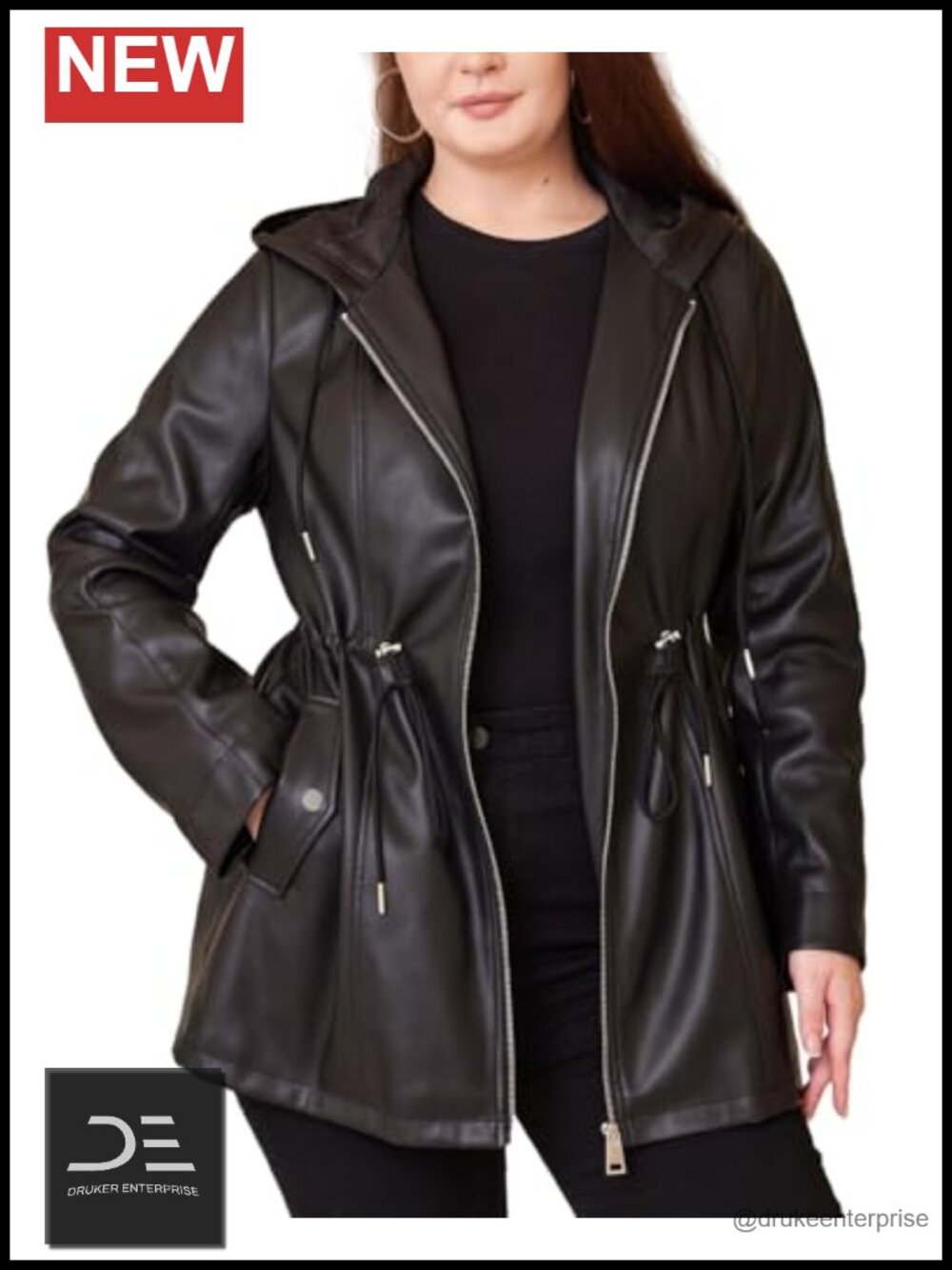 Faux Leather Jacket Hooded Moto Biker Coat Plus Size
